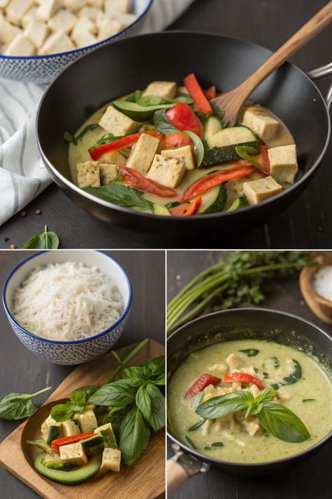 7 Simple Steps for Thai Green Curry with Tofu and Vegetables Tofu Green Curry, Curry With Tofu, Eggplant Parmesan Baked, Tofu Curry, Vegetable Quinoa, Thai Green Curry, Lemon Tahini Dressing, Green Curry Paste, Vegan Mozzarella