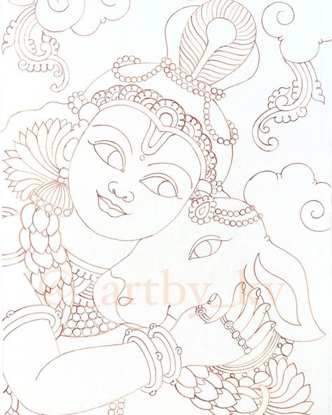 Kerala Mural Outline Sketches, Mural Kerala Paintings, Mural Painting Sketches, Mural Art Outline, Canvas Outline Ideas, Mural Art Krishna, Pichwai Paintings Outline, Onam Craft, Mural Painting Outline