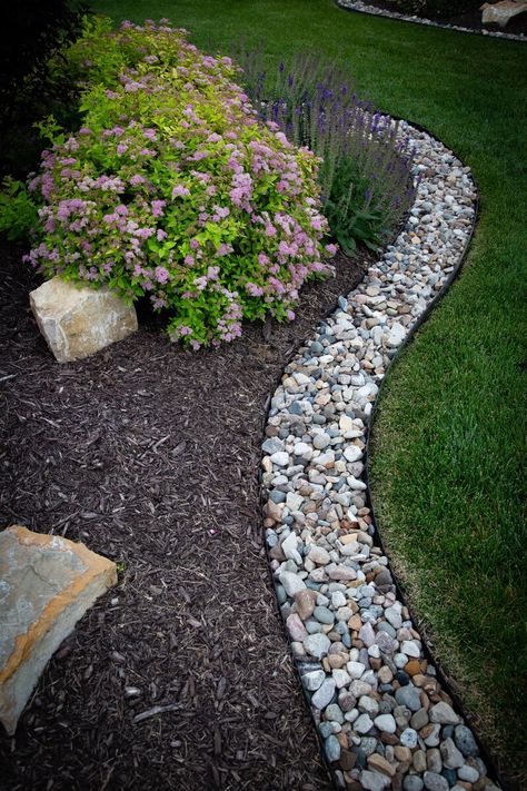 Our Work Page River Rock And Mulch Landscaping Bed Designs, Mulch And Gravel Landscaping, Rock Boarder Landscaping Garden Edging, Rock Landscape Border, Rock Landscape Edging, Rock Borders Edging, Mulch And Rock Landscaping Ideas, River Rock And Mulch Landscaping, Rock And Mulch Landscaping