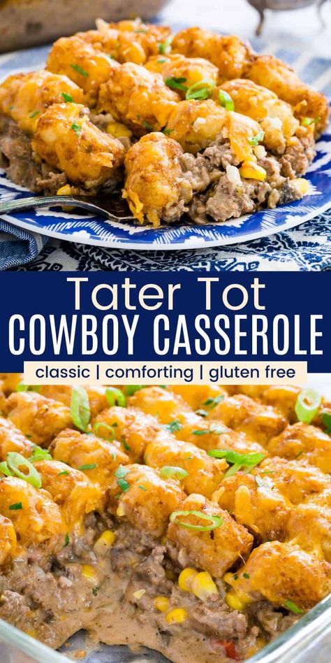 Cheesy one-pan Tater Tot Cowboy Casserole is hearty gluten free comfort food! It's packed with ground beef and a creamy tomato sauce made in the same skillet, with plenty of cheddar cheese and loads of crispy tater tots on top. Gluten Free Tater Tot Casserole, Cowboy Casserole Tater Tots, Tater Tot Casserole With Ground Beef, Gluten Free Casserole Recipes, Cowboy Casserole Recipe, Gluten Free Recipes Side Dishes, Gluten Free Comfort Food, Cowboy Casserole, Kale Chip Recipes