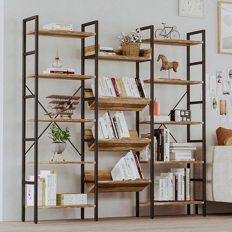 #ad 5 Tiers Industrial Bookshelf, Large Etagere Bookshelf Open Record Player Shelves with Metal Frame for Living Room Home Office, Industrial Brown 5 Tier Bookshelf, Industrial Bookshelf, Tall Bookcases, Iron Brackets, Living Room Home Office, Dining Room Storage, Room Home Office, Vertical Storage, Diy Interior