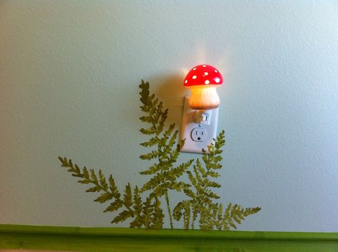 Fern & Mushroom nightlight Forest Mushroom Nursery, Baby Girl Mushroom Nursery, Cottage Core Themed Nursery, Fairy Mushroom Nursery, Whimsical Nature Themed Nursery, Nursery Mushroom Theme, Mushroom Themed Room Aesthetic, Mushroom Themed Bathroom, Mushroom Nursery Ideas