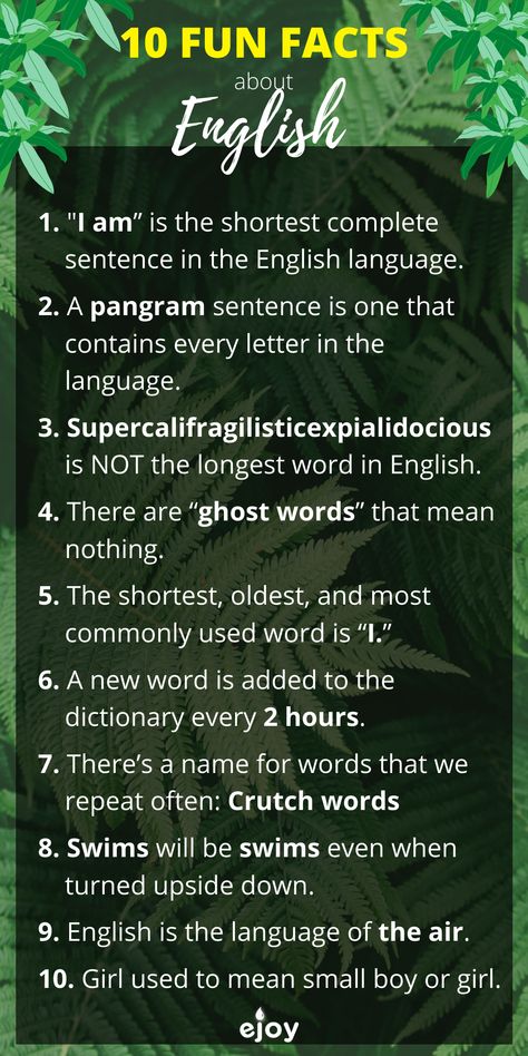 Hi English learners! Have you ever heard of these 10 interesting facts about the English language? Leave a comment you know any other fun facts ;) English Knowledge Quotes, Amazing Fact In English, Facts And Figures Of English Language, English Facts Did You Know, World English Language Day, English Facts Interesting, Interesting Facts About English Language, Amazing Facts For Students In English, Knowledge Quotes Learning Facts