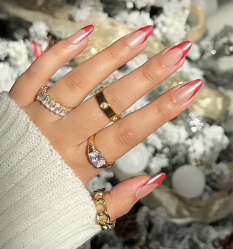 Chrome Red Nails French Tip, Red Chrome French Tip Nails Almond, Red Tip Chrome Nails, Red French Tips With Chrome, Red French With Chrome, Red Chrome French Nails, Red French Tip Nails With Chrome, Red French Tip Chrome Nails, Red French Tip With Chrome