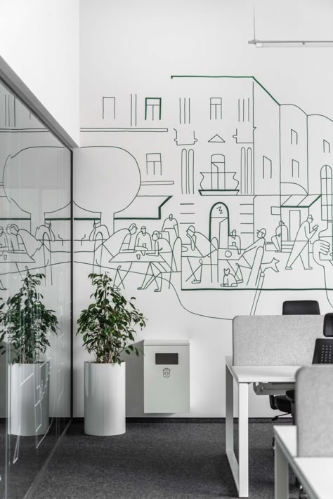 Office Wall Graphics, Graphic Design Office, Office Graphics, Culture Wall, It Office, Office Wall Design, Office Mural, Industrial Office Design, Architects Office