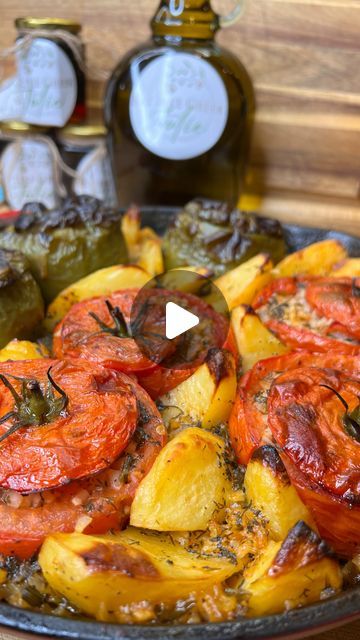 Ioulia M. on Instagram: "Gemista orfana, Greek traditional stuffed peppers and tomatoes with herb rice in tomato sauce! Juicy, healthy and bursting with fresh and vibrant colors and flavours! Gemista or yemista is a traditional recipe for Greek stuffed tomatoes and/or other vegetables that are baked, until soft and nicely browned, is also known as ladera and needs lots of olive oil, and is definitely one of the most favorite Greek dishes in every household and tavernas! Click the link in my to find my favorite Amazon kitchen products!  Recipe below 👇⬇️👇 • ingredients: - 3-4 tomatoes  - 3-4 bell peppers of your choice  - 3-4 potatoes cut in quarters  - 3-4 chopped garlic cloves  - 2 medium onions chopped/diced  - 1 bunch scallions chopped/diced  - 1tbsp tomato paste  - 1 handful dill - 1 Gemista Recipe, Greek Stuffed Tomatoes, Amazon Kitchen Products, Greek Stuffed Peppers, Herb Rice, Mediterranean Foods, Lenten Recipes, Stuffed Tomatoes, Greek Dishes