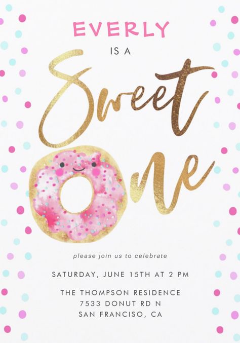 Sweet One 1st birthday party invitations for girls featuring donuts theme. First birthday party invites and ideas. afflink Two Sweet 2nd Birthday, Sweet One 1st Birthday, Donuts Sprinkles, Two Sweet Birthday, 2nd Birthday Party For Girl, Girls Birthday Party Themes, Donut Birthday Parties, Second Birthday Ideas, Donut Birthday