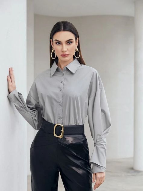 SHEIN Solid Button Through Drop Shoulder Blouse | SHEIN USA Drop Shoulder Blouse, Chiffon Blouses, Modest Tops, Plain Shirt, Women Blouses, Chiffon Blouse, Women Tops, Drop Shoulder, Light Grey