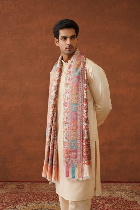 PRODUCT DESCRIPTION: Introducing the Cream Classic Floral Jaal Shawl for Men, a timeless piece that adds elegance to any attire. This beautifully crafted shawl for men features intricate floral jaal patterns, blending tradition with modern aesthetics. Designed for any occasion, it complements both festive and casual outfits, making it a versatile addition to your wardrobe. With its luxurious fabric and refined men's shawl style, this shawl enhances your look with sophistication. Perfect for wedd Traditional Dress For Man, Sherwani Ideas For Men, Formal Casual Outfits Mens Wedding, Men’s Shawl, Men In Traditional Wear, Kurta With Shawl Men, Men Sangeet Outfits, Kurta Men Aesthetic, Man Kurta Designs Style