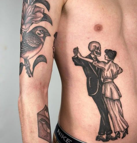 Skeleton And Lady Tattoo, Skeleton Dancing With Woman Tattoo, Restaurant Tattoo Ideas, Skeleton Dancing With Woman, Old School Skeleton Tattoo, Skeleton And Woman Tattoo, 2 People Tattoos, Dancing Lady Tattoo, Dancing Couple Tattoo