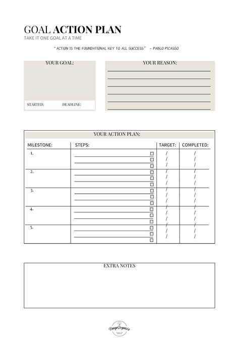 This goal action plan template is a perfect way to be intentional with your goal setting in 2025. By keeping track of all the milestones and steps it took to complete, you can watch the progress of your new year goals!          

Purchase the full SMART Goal setting planner linked to this pin for less than £3 right now. It contains templates for SMART Goal Setting, Goal tracker, Productivity trackers, written vision board and much more...

Follow for more Personal Development tips, ideas to stay productive and tools to stay on track to achieve your goals and resolutions Goal Board Template, Yearly Goal Planner Template, Action Steps For Goals, Goodnotes Goals Template, 1 3 5 Year Goals, Yearly Planner 2025, Goal Calendar Free Printable, Written Vision Board, Goals List Template