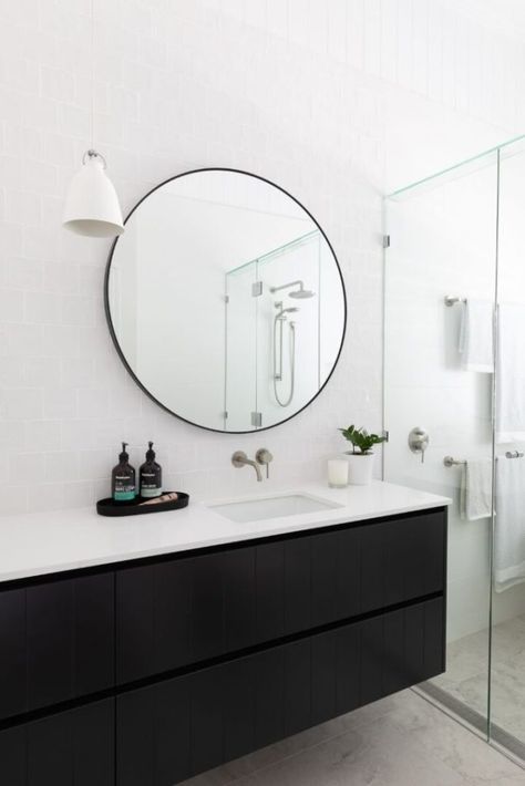 Modern Hamptons Bathroom, Hamptons Bathroom, Floating Vanity Bathroom, Renovation Checklist, Modern Hamptons Style, Black Framed Mirror, Modern Hamptons, Spec Home, Modern Hampton