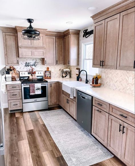 Styles Of Kitchen Cabinets, Stained Wood Kitchen Cabinets, Farmhouse Kitchen Design Ideas, Stained Cabinets, Stained Kitchen Cabinets, Build Inspiration, House Remodeling, Kitchen Wood, White Kitchens