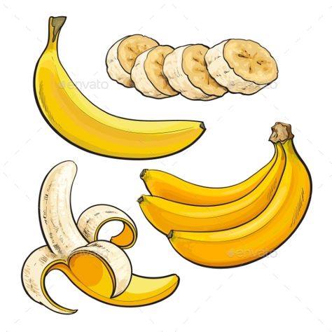 Banana Painting Easy, Banana Slice Drawing, Banana Drawing Realistic, Banana Illustration Design, Banana Art Illustration, Drawing Of Banana, Bananas Illustration, Banana Sketch, Banana Tattoo