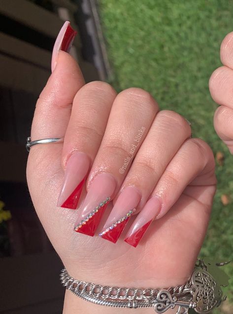 Medium Square Acrylic Nails Simple Red, Red Nails Acrylic Graduation, Red Ombre Nails With Rhinestones, Cute Red Acrylic Nail Ideas, Nail Ideas Red Short, Red Shirt Nails Acrylic, Light Red Acrylic Nails, Red Full Set Nails, Medium Square Acrylic Nails Designs Red