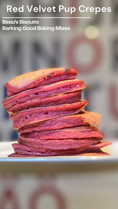 A plate topped with small red pancakes. Treats that your dog. Puppy Pancakes, Grain Free Dog Treats, Crepe Mix, Dog Treats Grain Free, Yummy Meals, Biscuit Mix, Crepe Recipes, Best Food Ever, Baking Mixes