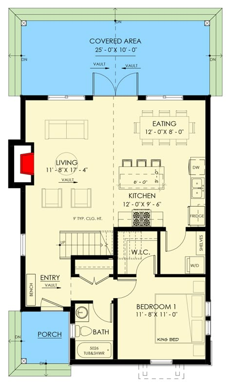 Vaulted Back Porch, Cottage Bunkie, Vaulted Porch, Story Mountain, Cabin Designs, Bed Nook, Small Cottage House Plans, Cottage Plans, Porch Plans