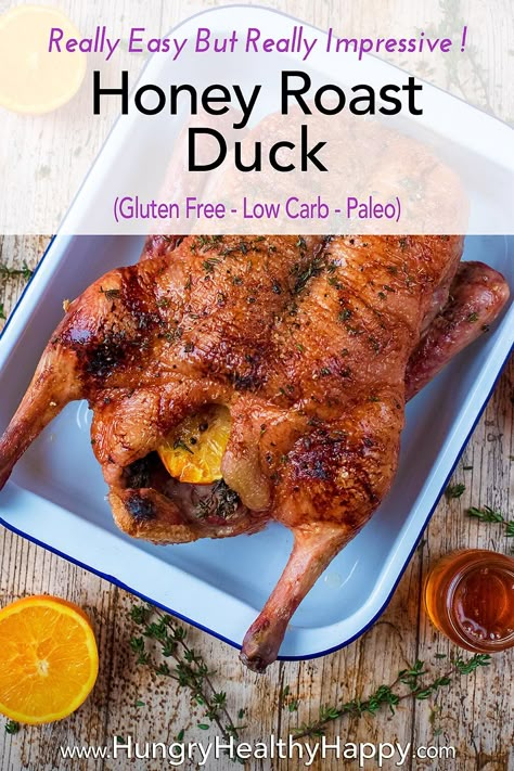 If you are looking for something a little bit different to serve for Christmas dinner or Thanksgiving, then why not try this Honey Roast Duck? Crispy slow roasted duck with a little sweetness from the honey and orange and a hint of thyme. The festive season doesn't have to be all about turkey, and your guests might appreciate the change. A whole duck, oven roasted to perfection - it's easy and healthy. Easy Duck Recipes Ovens, Duck Recipes Whole Slow Cooker, Whole Duck Recipes Ovens, Roast Duck Whole, Easy Roast Duck Recipes, Roasted Duck Whole, Roast Duck Recipes Christmas, Orange Glazed Duck Recipes, Honey Roasted Duck