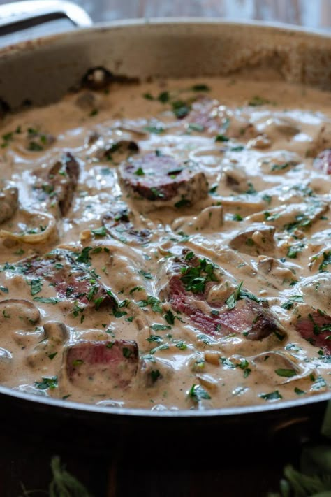 Recipes With Leftover Beef Tenderloin, Beef Tenderloin Stroganoff Recipe, Leftover Tenderloin Recipes Beef, Tenderloin Tips Recipe, Beef Tenderlion, Recipe For Beef Stroganoff, Steak Stroganoff, Classic Beef Stroganoff Recipe, Dutch Oven Beef