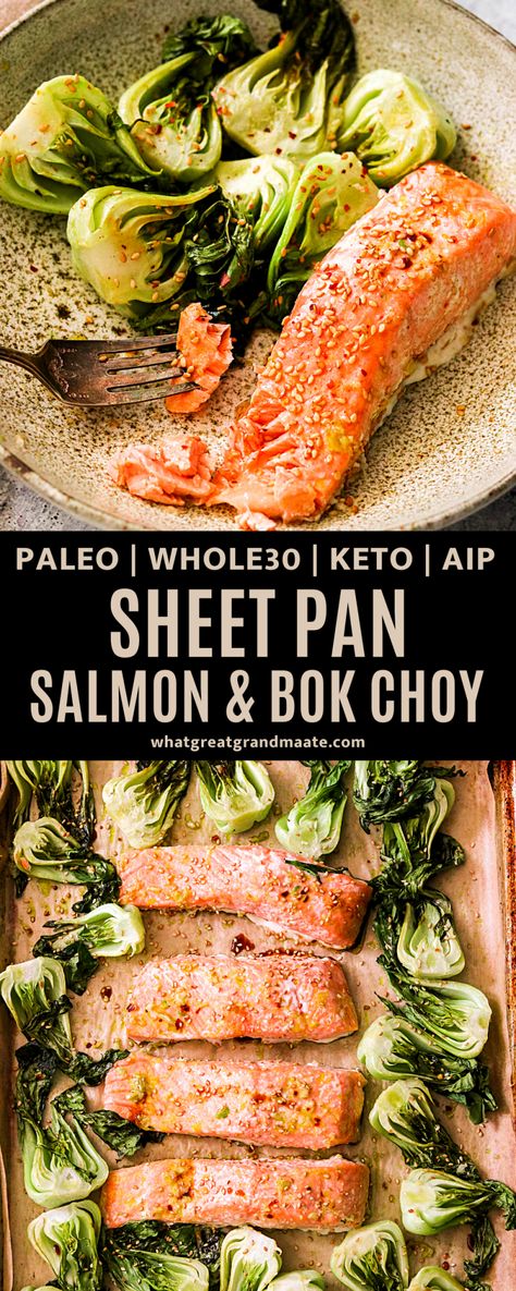 Prepare an unforgettable seafood dish that will satisfy your tastebuds with this Sheet Pan Salmon & Bok Choy recipe. You can have a flavorful meal made in the oven without all the mess! It's paleo, Whole30, keto, and AIP friendly. #sheetpandinner #sheetpanmeal #paleo #whole30 #keto #aip #glutenfree #dairyfreeketo Paleo Spring Recipes, Salmon And Bock Choy, Paleo Recipes Fish, Aip Seafood Recipes, Aip Sheet Pan Recipes, Aip Keto Recipes, Aip Salmon Recipes, Aip Fish Recipes, Aip Sheet Pan