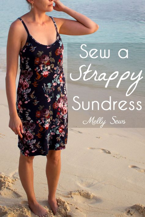 Learn to sew spaghetti strap summer dresses perfect for the heat! Please meet my newest favorite sundress. Made in a rayon blend knit, this dress is secret summer pajamas – in fact, it would actually make a good nightgown if I slept in nightgowns (I’m a tank and shorts girl myself). This dress is actually a Read the Rest... Strap Dress Pattern, Melly Sews, Spaghetti Strap Summer Dress, How To Make Spaghetti, Summer Tank Dress, Summer Dress Patterns, Diy Clothes Videos, Summer Sewing, Dress Tutorials