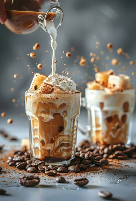 Iced Coffee With Marshmallows and Whipped Cream Being Poured in a Glass stock photo Whipped Coffee, Ice Cream Photos, Coffee Images, Vector Banner, Coffee Photos, Coffee Cream, Coffee Photography, Cold Coffee, Glass Photo