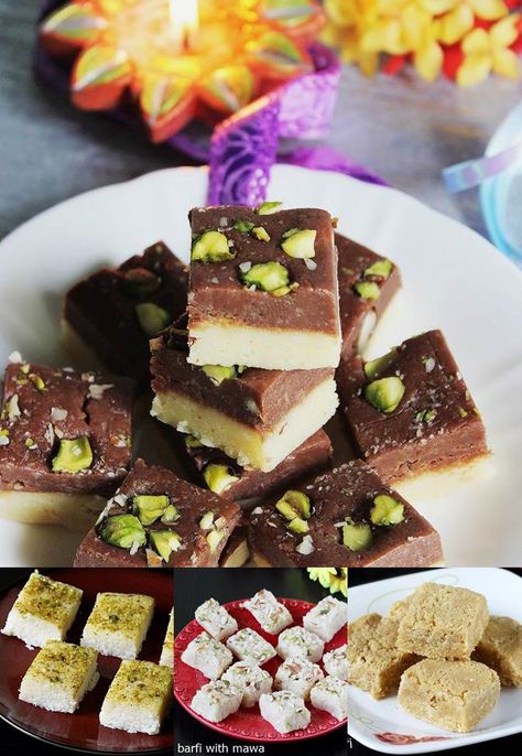 Barfi recipes – Collection of 16 burfi recipes. Barfi or burfi is a basic fudge from Indian cuisine that is made using full fat milk, sugar and ghee. Traditionally it was made by condensing milk for several hours, later sweetened and cooked until a thick consistency was reached. It was then pressed down in a … Chocolate Barfi, Chocolate Burfi, Diwali Sweets Recipe, Burfi Recipe, Diwali Sweets, Diwali Food, Sweet Meat, Indian Dessert Recipes, Indian Sweet