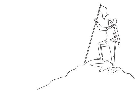 Single one line drawing woman climber standing on top of mountain with flag. Young smiling mountaineer climbing on rock. Adventure tourism trip. Continuous line draw design graphic vector illustration People Climbing, Top Drawing, Top Of Mountain, Line Drawing Woman, Adventure Tourism, One Line Drawing, Continuous Line Drawing, Continuous Line, Woman Drawing