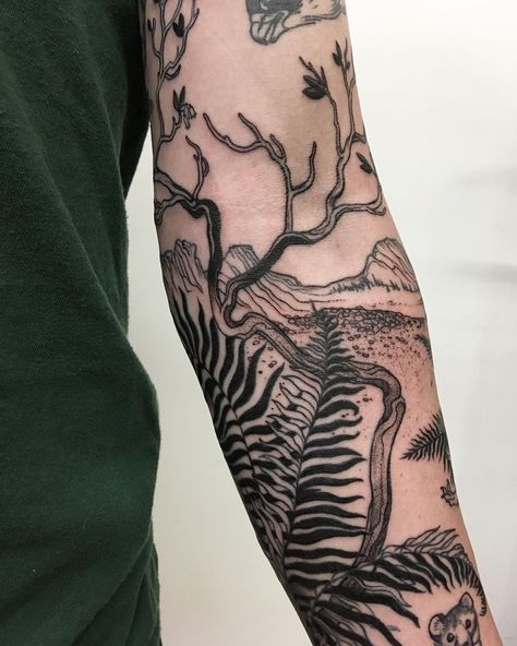 A-B M/VALLEY on Instagram: “Smith Rock landscape with freehand manzanita... just a lil preview of an oregon fauna sleeve that’s been a work in progress for about a…” Desert Plants Tattoo, Mountain Patchwork Tattoo, The Last Of Us Inspired Tattoo, Manzanita Tattoo, Woodsy Tattoos, Scientific Tattoo, Trippy Tattoo Ideas, Chameleon Tattoo, Nature Tattoo Ideas