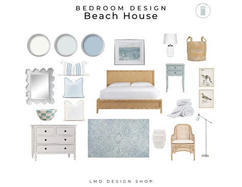 This room design is for a professionally designed, shoppable, bedroom mood board, Beach House / Coastal style. Light and soft shades of blue and white create this gorgeous bedroom bringing the beach vibe to your home. Use this design for your master bedroom or guest bedroom to bring a designer look to your home. This mood board allows you to have a designer look without the designer price tag. Purchase as much or as little of the design selections as needed to complete your room design. Coastal Bedrooms Master Bloxburg, Bloxburg Coastal House Bedroom, 3 Bedroom Beach House Floor Plans, Modern Coastal Bedroom Beds & Bed Frames, Beach House Bedroom Beds & Bed Frames, Beach House Bedroom, Beach Bedroom, Gorgeous Bedrooms, Coastal Bedroom