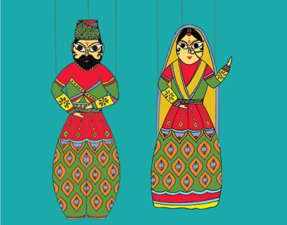 Kathputli - 'The Khadi Cult' print design Katputli Illustration, Kathputli Painting, Kathputli Drawing, Kathputli Art, Fashion Illustration Adobe Illustrator, Round Painting, Cloth Painting, Rajasthani Painting, Pakistani Culture