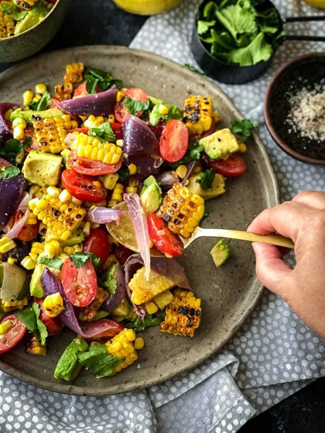 Lemon Dijon Dressing, Tomatoes Roasted, Corn Avocado, Charred Corn, Dijon Dressing, Corn Avocado Salad, Roasted Onions, Papaya Salad, Orange Salad