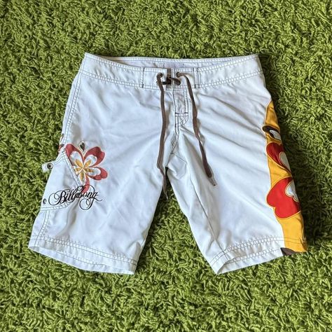 billabong swim shorts - Depop Y2k Swim Shorts, Y2k Mid-rise Summer Shorts, Y2k Mid-rise Cotton Shorts, Billabong Boardshorts, Tropical Swim Trunks With Built-in Shorts For Surfing, Club Fashion, Billabong Swim, Outfits 2000s, Club Style