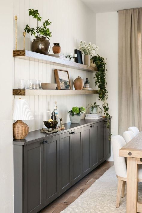 Vertical Wall Shelves, Diy Dining Cabinet, Built In Kitchen Desk With Floating Shelves, Kitchen Sideboard With Shelves Above, Shallow Dining Room Built Ins, Shelving For Dining Room, Bar Wall Living Room, Table Built Into Wall, Dining Room Vertical Shiplap