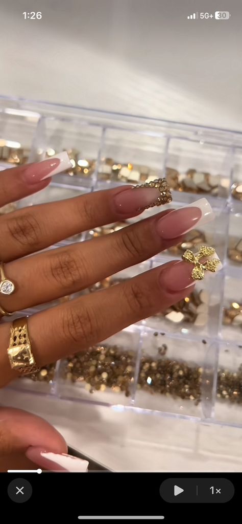 Simple Nail Sets Acrylic, French And Gold Nail Designs, Nail Designs With Gold Charms, Nail Inspo Gold And White, Nails With Gold Gems, Nail Ideas Charms, Nail Inspo Square Long, Gold Bling Acrylic Nails, 2000 Nail Designs