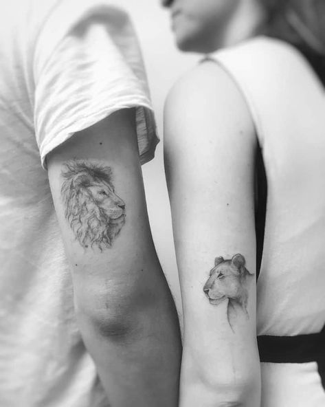 Couples Lion Tattoo, Lioness Tattoo Ideas, Lion And Lioness Tattoo, Lioness Tattoo Design, Lioness Tattoo, Leo Tattoos, Lion Tattoo Design, Forearm Tattoo Women, Tattoo Designs And Meanings