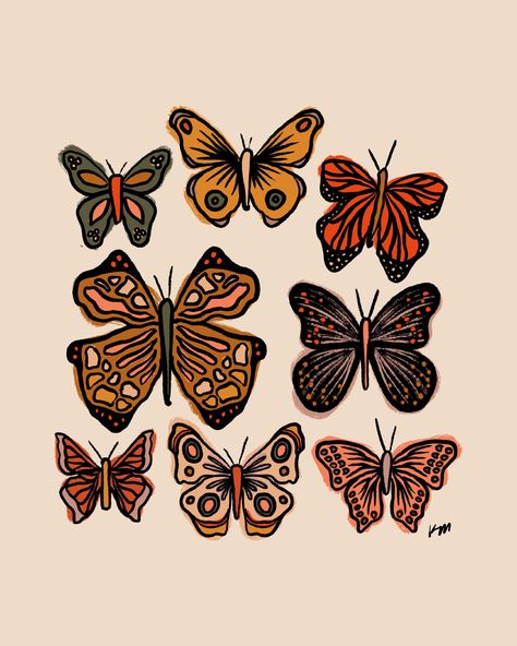 Butterfly Visions - high quality Giclée art print available in size 8x10. Please contact for custom sizing requests and pricing! Butterfly Pop Art, Folk Art Butterfly, Monarch Butterfly Art, Wall Art Prints Printables, 70s Prints, Artistic Butterfly, Art Prints Aesthetic, Whimsical Art Prints, 1970s Art