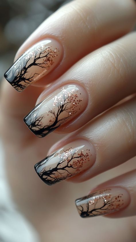 Fall Nails With Trees, Gothic Thanksgiving Nails, Trends Nails 2024, Fall Tree Nail Designs, Elegant Halloween Nails Design, Black And White Fall Nails, Forest Nails Designs, Fall Nails Ideas Autumn 2024, Fall Season Nail Designs