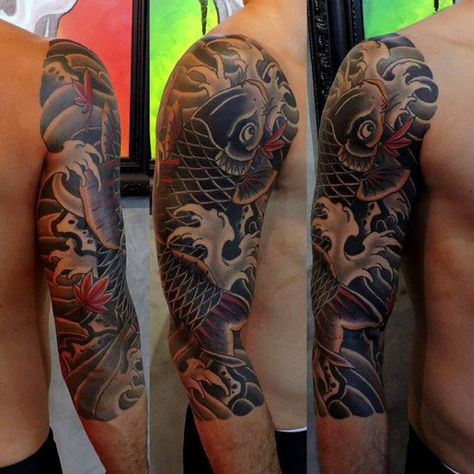 Mens Half Sleeve Japanese Koi Fish Splashing In Water Tattoo Japanese Tattoo Koi, Karp Koi, Koi Tattoo Sleeve, Koi Tattoo Design, Cool Half Sleeve Tattoos, Tattoo Placements, Polynesian Tattoos, Muster Tattoos, Half Sleeve Tattoos For Guys