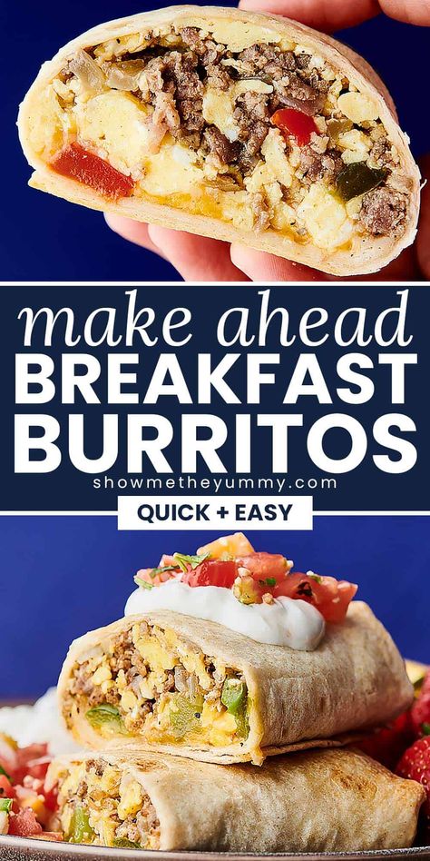 These easy make ahead breakfast burritos are quick, easy, and freezer friendly! A flour tortilla stuffed with sausage, eggs, cheese, and veggies! A perfect on-the-go breakfast. Breakfast Wraps Make Ahead, Vegetable Breakfast Burritos, Breakfast Burritos Easy, Sausage Breakfast Burritos, Potato And Egg Breakfast, Make Ahead Breakfast Burritos, Easy Make Ahead Breakfast, Breakfast Tortilla, Freezer Breakfast Burritos