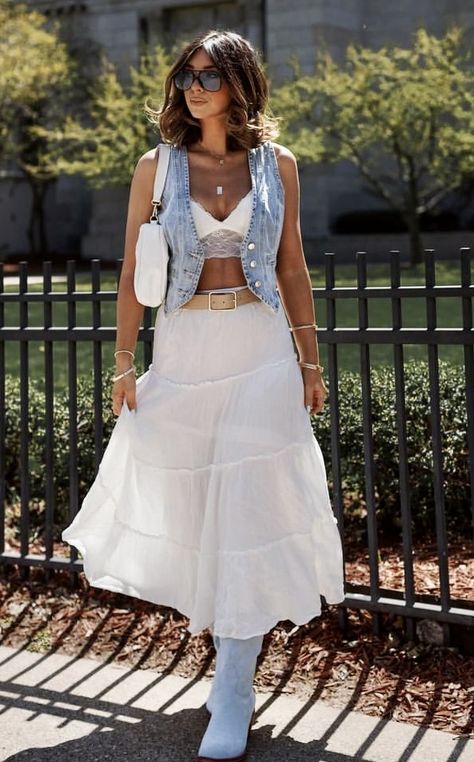 Long White Skirt Cowboy Boots, White Skirt Festival Outfit, Cowgirl White Dress, Coachella 2024, Random Outfits, Fashion Makeover, Festival 2024, White Long Skirt, Nashville Outfits