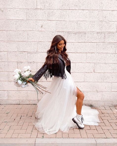 Leather Jacket And Wedding Dress, Wedding Dresses Rock Style, Wedding Dresses With Doc Martens, Dr Marten Wedding Dress, Rocker Chic Wedding Dress, Mrs Leather Jacket Wedding, Wedding Dress And Combat Boots, Bride Dr Martens, White Docs Wedding Dress