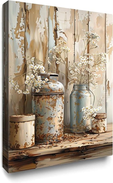 Amazon.com: gaosoul Rustic Flower Canvas Print Vintage Farmhouse Wall Art Faded Wood Grain Background Delicate Floral in Rusty Can Painting Framed Elegant Home Decor for Living Room Bedroom 18x24in: Posters & Prints Can Painting, Grain Background, Home Decor For Living Room, Rustic Flower, Rustic Flowers, Farmhouse Decor Living Room, Elegant Home, Farmhouse Wall Art, Elegant Home Decor