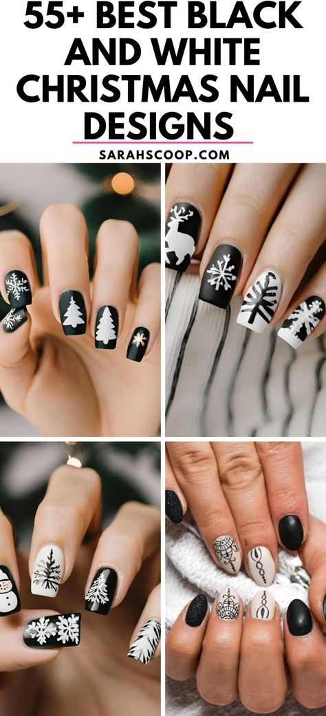 Step into the festive spirit with these chic black and white Christmas nail designs! They're the perfect blend of elegance and holiday cheer! 🎄🖤🤍#ChristmasNails #FestiveNailArt #blackandwhite Christmas Black Nail Designs, Black And White Christmas Nails Short, Black And White Xmas Nails, Black And White Christmas Nail Designs, White And Black Christmas Nails, Black And White Snowflake Nails, Christmas Nails With Black, Black White Christmas Nails, Black And White Winter Nails