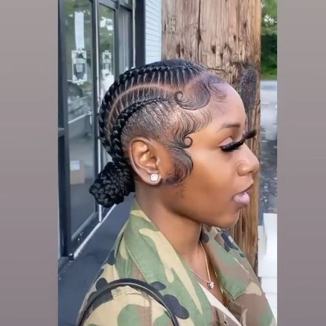 Stitch Braids Cornrows With 2 Buns, Two Cornrow Braids With Bun, Feed In Braids Cornrows Two Buns, 2 Bun Stitch Braids, Cute Feed In Braids Styles With Bun, Feed In With Bun In Back, 4 Braids Cornrows Black Women, Five Feedin Braids To The Back, Braids Into Two Buns For Black Women