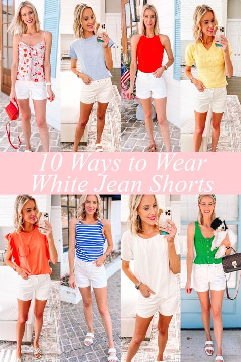 Women White Shorts, Styling White Shorts Summer Outfits, Cute Outfits With White Shorts, Summer Outfits With White Shorts, White Top And Shorts Outfit, White Short Outfits Summer, White Short Jeans Outfit, What To Wear With White Shorts, White Jean Shorts Outfit Summer