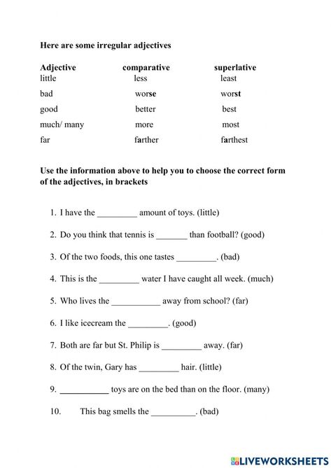 Irregular Adjectives Worksheet, Irregular Adjectives, Comparative And Superlative Adjectives, Adjectives Worksheet, Degrees Of Comparison, Comparative And Superlative, Adjectives Activities, Ionic Compound, English Practice