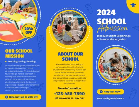 Blue and Yellow Creative Playful School Admission Trifold Brochure - Templates by Canva Brochure For School, School Flyer, Resume Maker, School Admissions, Trifold Brochure Template, Marketing Logo, Physical Development, Collaborative Learning, Learning Management System