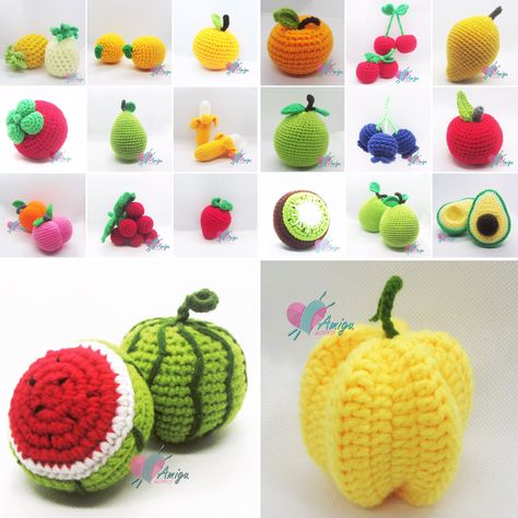 FREE PATTERN - Fruit amigurumi - Amiguworld Mini Crochet Fruit, Crochet Mini Fruit Free Pattern, Crochet Vegetables Free Pattern, Crochet Fruit Pattern Free, Yarn Hobbies, Crochet Novelty, Amigurumi Food, Pattern Fruit, Crochet Hearts