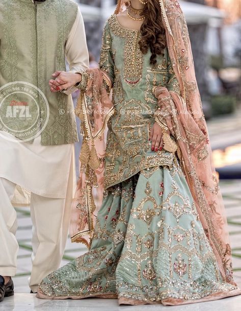 Pastel Gharara Wedding, Pastel Mehndi Dress, Pastel Mendhi Outfit, Pastel Mehndi Outfit, Pink Nikkah Outfit, Mendhi Outfit For Bride, Nikkah Bride Dress, Bridal Gharara, Nikkah Outfit